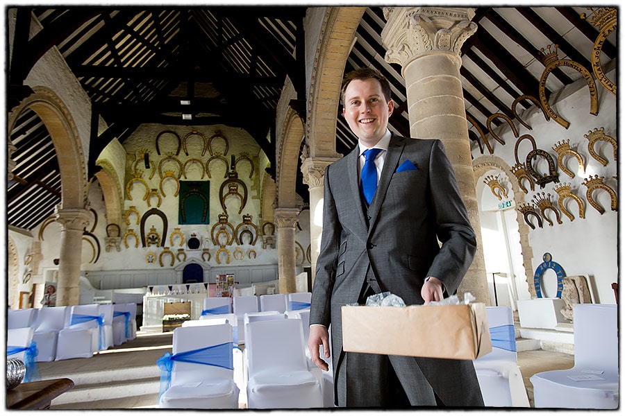 the groom Chris at Oakham castle before the wedding ceremony