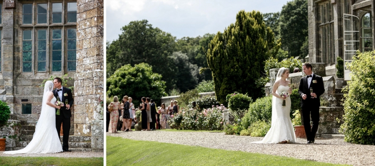 bride and groom with guests in the background