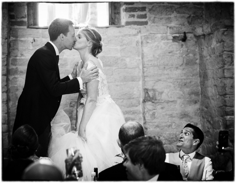 Danish tradition of kissing on chairs when guests clink glasses, Tithe Barn wedding