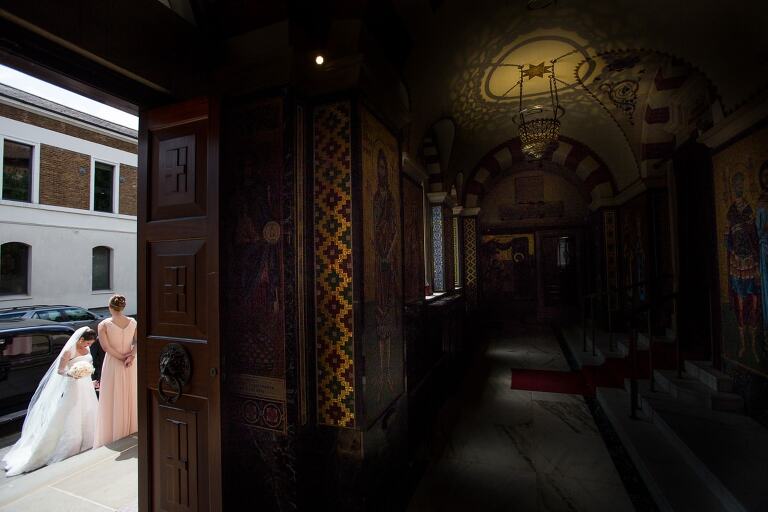 the bride arriving for a wedding at Saint Sophia Greek cathedral in Bayswater, London