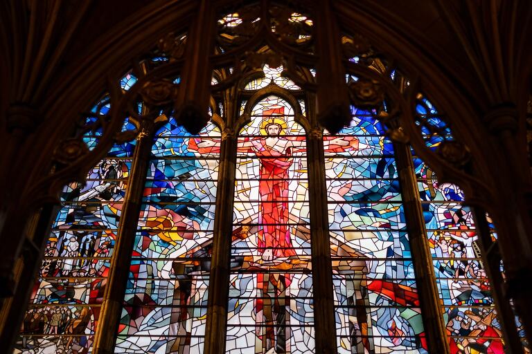 Stained glass window at St Etheldreda's church, London 