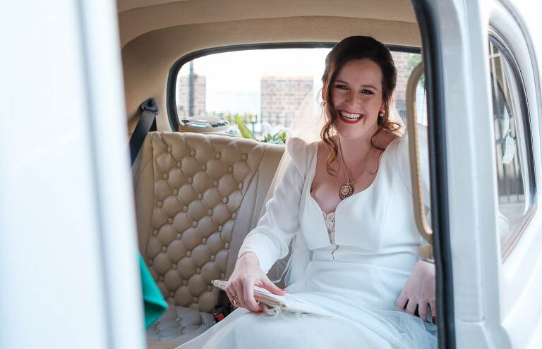 The bride arriving for her wedding at St Etheldreda's 