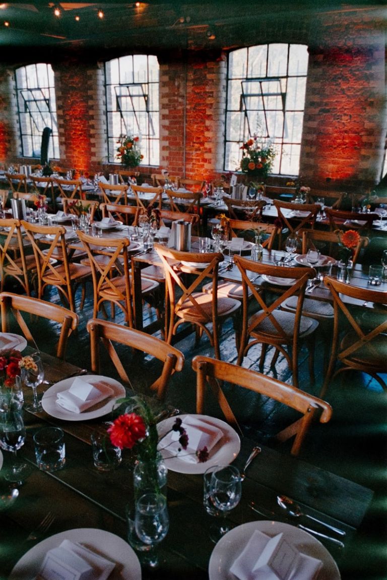 Loft studios set up for a wedding, shot on 35mm film using Kodak Portra 400. 