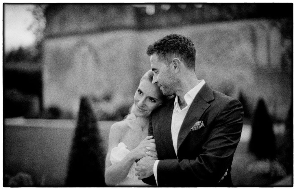 bride and groom photographed on black and white 35mm film